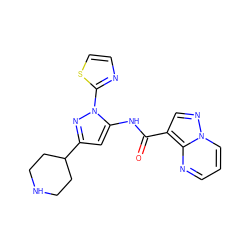 O=C(Nc1cc(C2CCNCC2)nn1-c1nccs1)c1cnn2cccnc12 ZINC000204772602