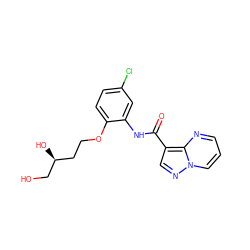 O=C(Nc1cc(Cl)ccc1OCC[C@H](O)CO)c1cnn2cccnc12 ZINC000113650462