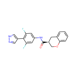 O=C(Nc1cc(F)c(-c2cn[nH]c2)c(F)c1)[C@@H]1COc2ccccc2C1 ZINC000040409750