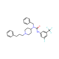 O=C(Nc1cc(F)cc(C(F)(F)F)c1)N(Cc1ccccc1)C1CCN(CCCc2ccccc2)CC1 ZINC001772578494