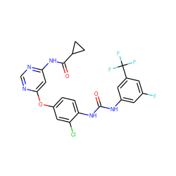 O=C(Nc1cc(F)cc(C(F)(F)F)c1)Nc1ccc(Oc2cc(NC(=O)C3CC3)ncn2)cc1Cl ZINC001772621952