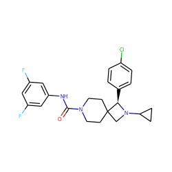 O=C(Nc1cc(F)cc(F)c1)N1CCC2(CC1)CN(C1CC1)[C@@H]2c1ccc(Cl)cc1 ZINC000058512239