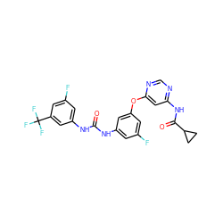 O=C(Nc1cc(F)cc(Oc2cc(NC(=O)C3CC3)ncn2)c1)Nc1cc(F)cc(C(F)(F)F)c1 ZINC001772585176