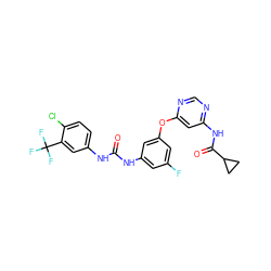 O=C(Nc1cc(F)cc(Oc2cc(NC(=O)C3CC3)ncn2)c1)Nc1ccc(Cl)c(C(F)(F)F)c1 ZINC001772580829