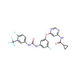 O=C(Nc1cc(F)cc(Oc2cc(NC(=O)C3CC3)ncn2)c1)Nc1ccc(F)c(C(F)(F)F)c1 ZINC001772647088