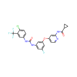 O=C(Nc1cc(F)cc(Oc2ccnc(NC(=O)C3CC3)c2)c1)Nc1ccc(Cl)c(C(F)(F)F)c1 ZINC001772577938