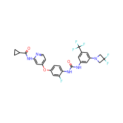 O=C(Nc1cc(N2CC(F)(F)C2)cc(C(F)(F)F)c1)Nc1ccc(Oc2ccnc(NC(=O)C3CC3)c2)cc1F ZINC001772576086