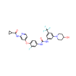 O=C(Nc1cc(N2CCC(O)CC2)cc(C(F)(F)F)c1)Nc1ccc(Oc2ccnc(NC(=O)C3CC3)c2)c(F)c1 ZINC001772647738