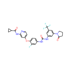 O=C(Nc1cc(N2CCCC2=O)cc(C(F)(F)F)c1)Nc1ccc(Oc2ccnc(NC(=O)C3CC3)c2)c(F)c1 ZINC001772636616