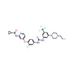 O=C(Nc1cc(N2CCN(CCF)CC2)cc(C(F)(F)F)c1)Nc1ccc(Oc2ccnc(NC(=O)C3CC3)c2)c(F)c1 ZINC001772618102