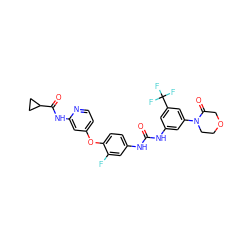 O=C(Nc1cc(N2CCOCC2=O)cc(C(F)(F)F)c1)Nc1ccc(Oc2ccnc(NC(=O)C3CC3)c2)c(F)c1 ZINC001772583075