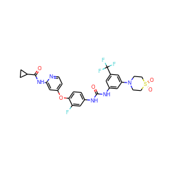 O=C(Nc1cc(N2CCS(=O)(=O)CC2)cc(C(F)(F)F)c1)Nc1ccc(Oc2ccnc(NC(=O)C3CC3)c2)c(F)c1 ZINC001772624613