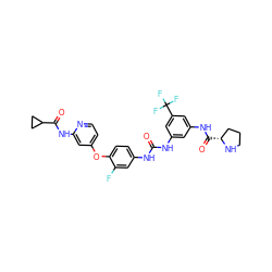 O=C(Nc1cc(NC(=O)[C@@H]2CCCN2)cc(C(F)(F)F)c1)Nc1ccc(Oc2ccnc(NC(=O)C3CC3)c2)c(F)c1 ZINC001772571164