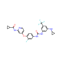 O=C(Nc1cc(NC2CC2)cc(C(F)(F)F)c1)Nc1ccc(Oc2ccnc(NC(=O)C3CC3)c2)c(F)c1 ZINC001772603400