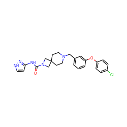 O=C(Nc1cc[nH]n1)N1CC2(CCN(Cc3cccc(Oc4ccc(Cl)cc4)c3)CC2)C1 ZINC000103263338