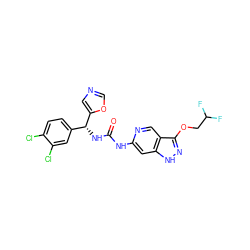 O=C(Nc1cc2[nH]nc(OCC(F)F)c2cn1)N[C@H](c1ccc(Cl)c(Cl)c1)c1cnco1 ZINC000209345416