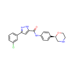 O=C(Nc1ccc([C@@H]2CNCCO2)cc1)c1cc(-c2cccc(Cl)c2)n[nH]1 ZINC000150242001