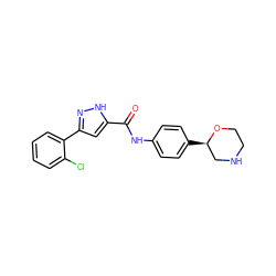 O=C(Nc1ccc([C@@H]2CNCCO2)cc1)c1cc(-c2ccccc2Cl)n[nH]1 ZINC000150227425