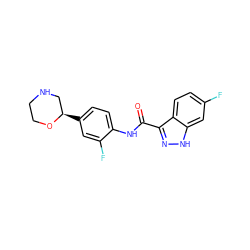 O=C(Nc1ccc([C@@H]2CNCCO2)cc1F)c1n[nH]c2cc(F)ccc12 ZINC000143076033