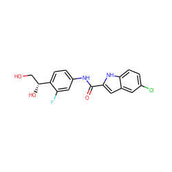 O=C(Nc1ccc([C@H](O)CO)c(F)c1)c1cc2cc(Cl)ccc2[nH]1 ZINC000040429526