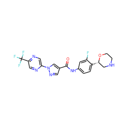 O=C(Nc1ccc([C@H]2CNCCO2)c(F)c1)c1cnn(-c2cnc(C(F)(F)F)cn2)c1 ZINC000149921206