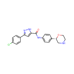 O=C(Nc1ccc([C@H]2CNCCO2)cc1)c1cc(-c2ccc(Cl)cc2)n[nH]1 ZINC000150139376