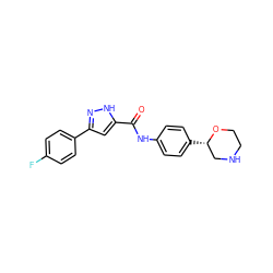 O=C(Nc1ccc([C@H]2CNCCO2)cc1)c1cc(-c2ccc(F)cc2)n[nH]1 ZINC000150107480