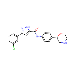 O=C(Nc1ccc([C@H]2CNCCO2)cc1)c1cc(-c2cccc(Cl)c2)n[nH]1 ZINC000150242427