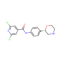 O=C(Nc1ccc([C@H]2CNCCO2)cc1)c1cc(Cl)nc(Cl)c1 ZINC000117719453