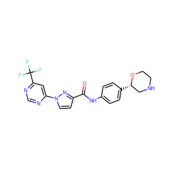 O=C(Nc1ccc([C@H]2CNCCO2)cc1)c1ccn(-c2cc(C(F)(F)F)ncn2)n1 ZINC000150259234