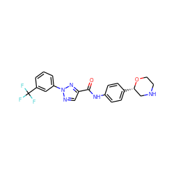 O=C(Nc1ccc([C@H]2CNCCO2)cc1)c1cnn(-c2cccc(C(F)(F)F)c2)n1 ZINC000146983592