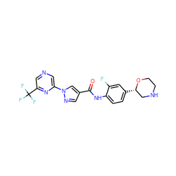 O=C(Nc1ccc([C@H]2CNCCO2)cc1F)c1cnn(-c2cncc(C(F)(F)F)n2)c1 ZINC000149912138