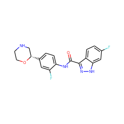 O=C(Nc1ccc([C@H]2CNCCO2)cc1F)c1n[nH]c2cc(F)ccc12 ZINC000143007145