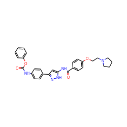 O=C(Nc1ccc(-c2cc(NC(=O)c3ccc(OCCN4CCCC4)cc3)[nH]n2)cc1)Oc1ccccc1 ZINC000084729313