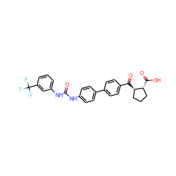 O=C(Nc1ccc(-c2ccc(C(=O)[C@@H]3CCC[C@H]3C(=O)O)cc2)cc1)Nc1cccc(C(F)(F)F)c1 ZINC000014974399