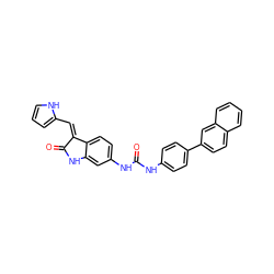 O=C(Nc1ccc(-c2ccc3ccccc3c2)cc1)Nc1ccc2c(c1)NC(=O)/C2=C\c1ccc[nH]1 ZINC000053313074