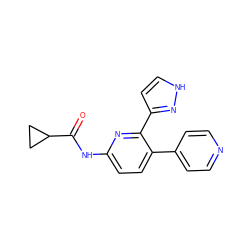 O=C(Nc1ccc(-c2ccncc2)c(-c2cc[nH]n2)n1)C1CC1 ZINC000049032753