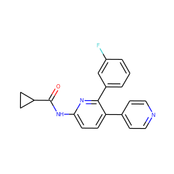 O=C(Nc1ccc(-c2ccncc2)c(-c2cccc(F)c2)n1)C1CC1 ZINC000049050336