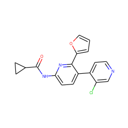 O=C(Nc1ccc(-c2ccncc2Cl)c(-c2ccco2)n1)C1CC1 ZINC000049785643