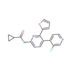 O=C(Nc1ccc(-c2ccncc2F)c(-c2ccco2)n1)C1CC1 ZINC000049031597