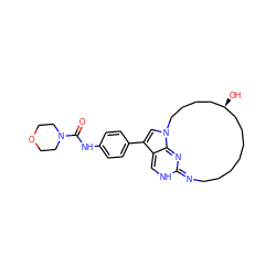 O=C(Nc1ccc(-c2cn3c4c2=CNC(=NCCCCCCC[C@H](O)CCCC3)N=4)cc1)N1CCOCC1 ZINC001772637647