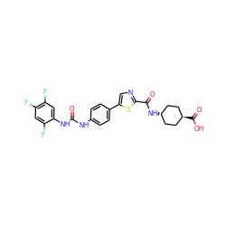 O=C(Nc1ccc(-c2cnc(C(=O)N[C@H]3CC[C@H](C(=O)O)CC3)s2)cc1)Nc1cc(F)c(F)cc1F ZINC000261184800