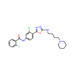 O=C(Nc1ccc(-c2nnc(NCCCCN3CCCCC3)o2)c(Cl)c1)c1ccccc1F ZINC000084635554