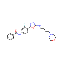 O=C(Nc1ccc(-c2nnc(NCCCCN3CCOCC3)o2)c(F)c1)c1ccccc1 ZINC000084603123