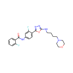 O=C(Nc1ccc(-c2nnc(NCCCCN3CCOCC3)o2)c(F)c1)c1ccccc1F ZINC000084603121