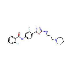 O=C(Nc1ccc(-c2nnc(NCCCN3CCCCC3)o2)c(F)c1)c1ccccc1F ZINC000084620063