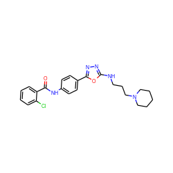 O=C(Nc1ccc(-c2nnc(NCCCN3CCCCC3)o2)cc1)c1ccccc1Cl ZINC000084602717