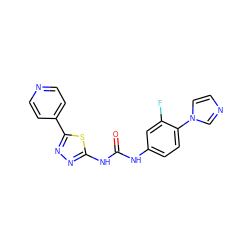 O=C(Nc1ccc(-n2ccnc2)c(F)c1)Nc1nnc(-c2ccncc2)s1 ZINC000096284287