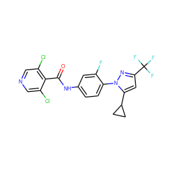 O=C(Nc1ccc(-n2nc(C(F)(F)F)cc2C2CC2)c(F)c1)c1c(Cl)cncc1Cl ZINC000116814673