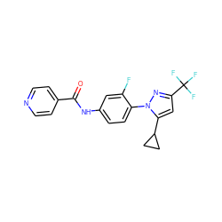 O=C(Nc1ccc(-n2nc(C(F)(F)F)cc2C2CC2)c(F)c1)c1ccncc1 ZINC000116815319